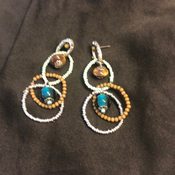Teal and brown chandelier Euro Summer  earrings - Picture 2 of 4
